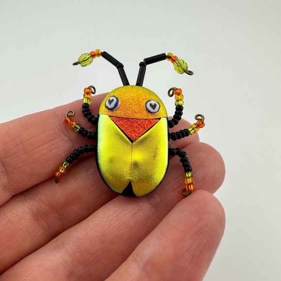 Multicolor Shimmery Dichroic Art Glass Beaded Scarab Bug Insect Brooch 1.5" OOAK - Picture 7 of 14